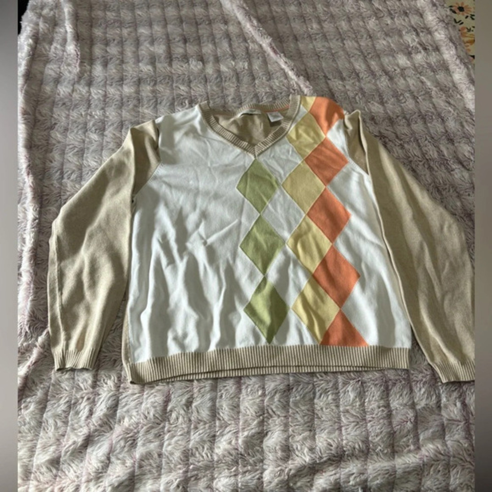 LIZ Golf khaki, Green orange sweater  Large 100% Cotton Harlequin Brown